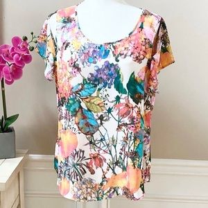 Spense Watercolor Floral Print Short Flutter Sleeve Scoop Neck Lightweight Top L